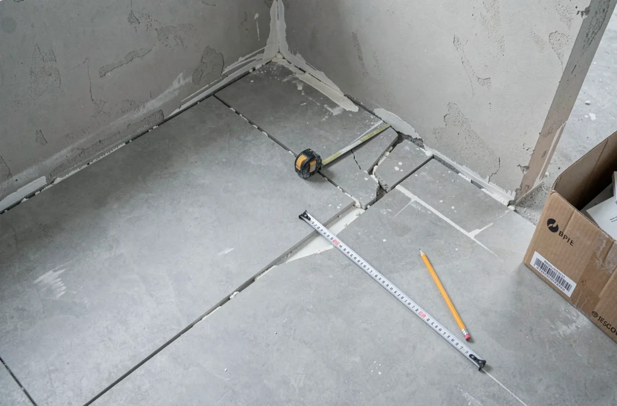 Gros plan sur des carreaux mal alignés pendant la pose, avec mètre ruban et erreurs de coupe visibles sur le chantier