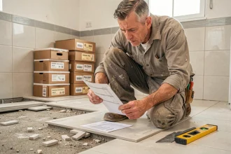 Carreleur agenouillé sur un chantier de salle de bain en cours, examinant une facture de pose de carrelage avec une expression préoccupée