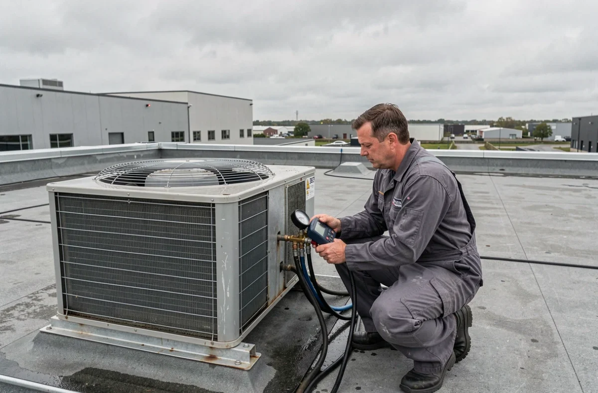 Technicien Delta Thermic effectuant la maintenance d'une climatisation sur le toit d'un bâtiment industriel normand