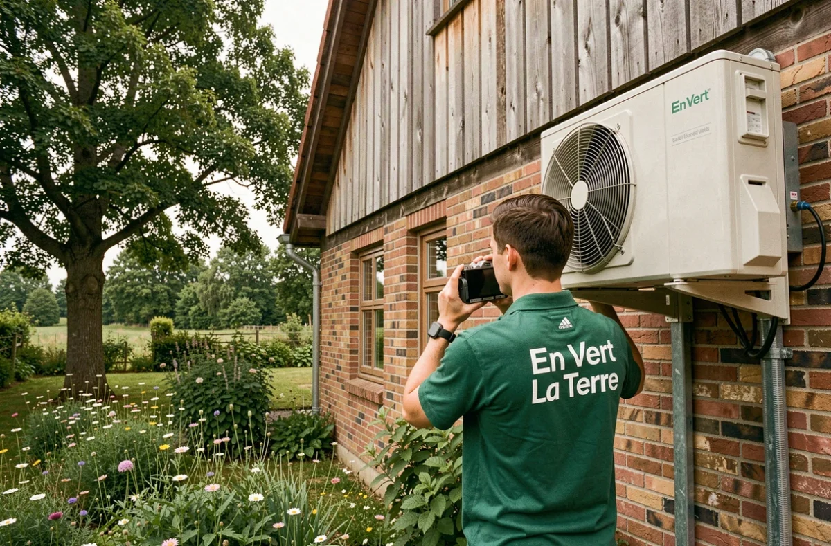 Technicien En Vert La Terre installant une pompe à chaleur réversible sur une maison écologique en Normandie