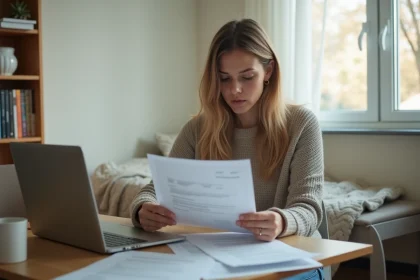 Étudiante consultant des documents administratifs pour définir son foyer fiscal en vue d'une demande de bourse CROUS