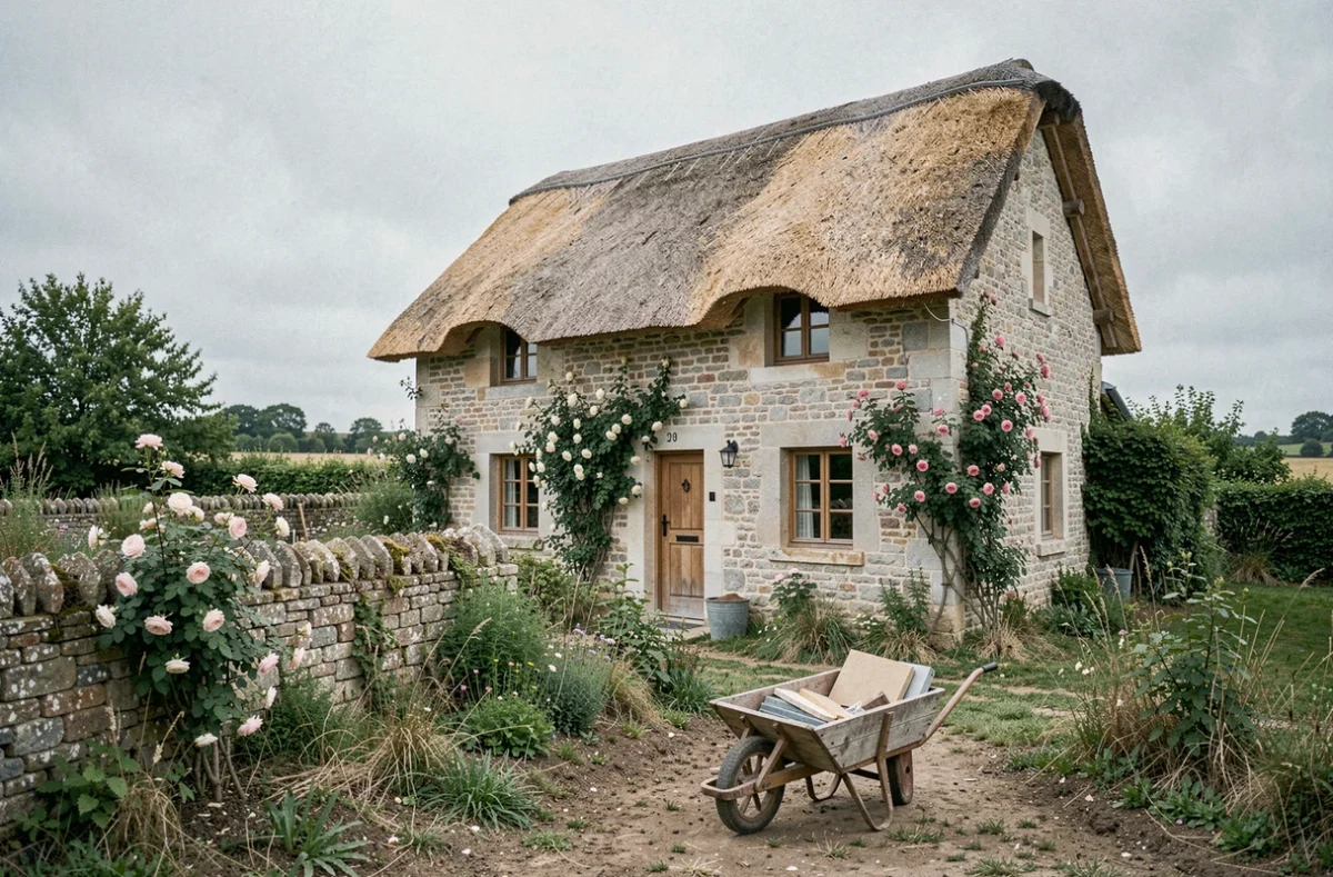 Extérieur d'une chaumière traditionnelle française en cours de rénovation avec toit de chaume et façade en pierre restaurée