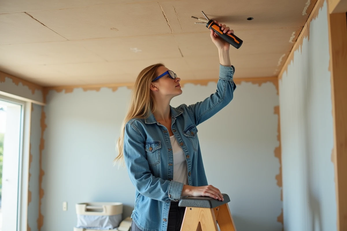 Femme utilisant un extracteur de vis pour retirer une vis foirée d'un plafond en placo