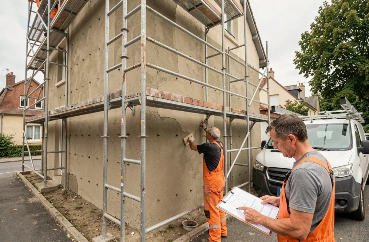 Vue extérieure grand angle d'une maison résidentielle en cours d'isolation thermique par l'extérieur sur chantier de rénovation énergétique conforme RT2026