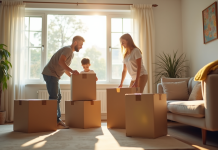 Famille jeune emballant des cartons dans un salon lumineux