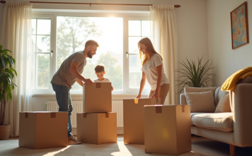 Aide au déménagement : comment obtenir une aide de la CAF ? Famille jeune emballant des cartons dans un salon lumineux