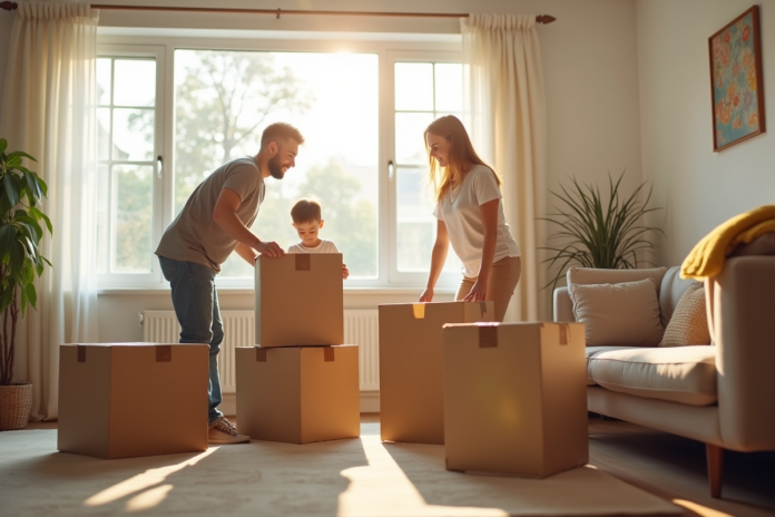 Famille jeune emballant des cartons dans un salon lumineux