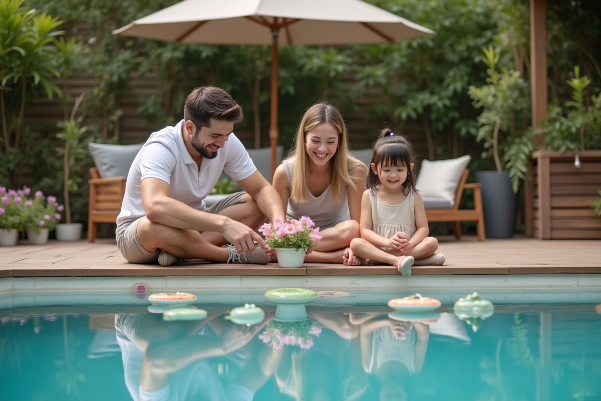 Famille souriante près de la piscine avec plantes flottantes