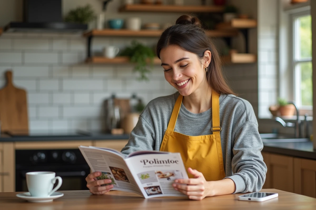 Femme consultant son abonnement au magazine bricolage Bricolife sur une table de cuisine avec smartphone et café