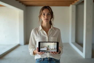 Femme utilisant une application de décoration intérieure sur tablette dans un appartement en cours de rénovation
