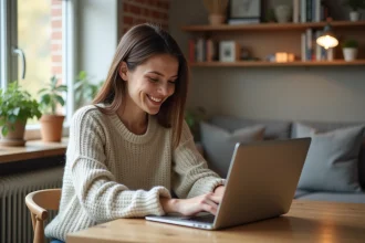 Jeune femme utilisant gratuitement l'application COZYCASA sur son ordinateur portable dans un appartement cosy en 2026
