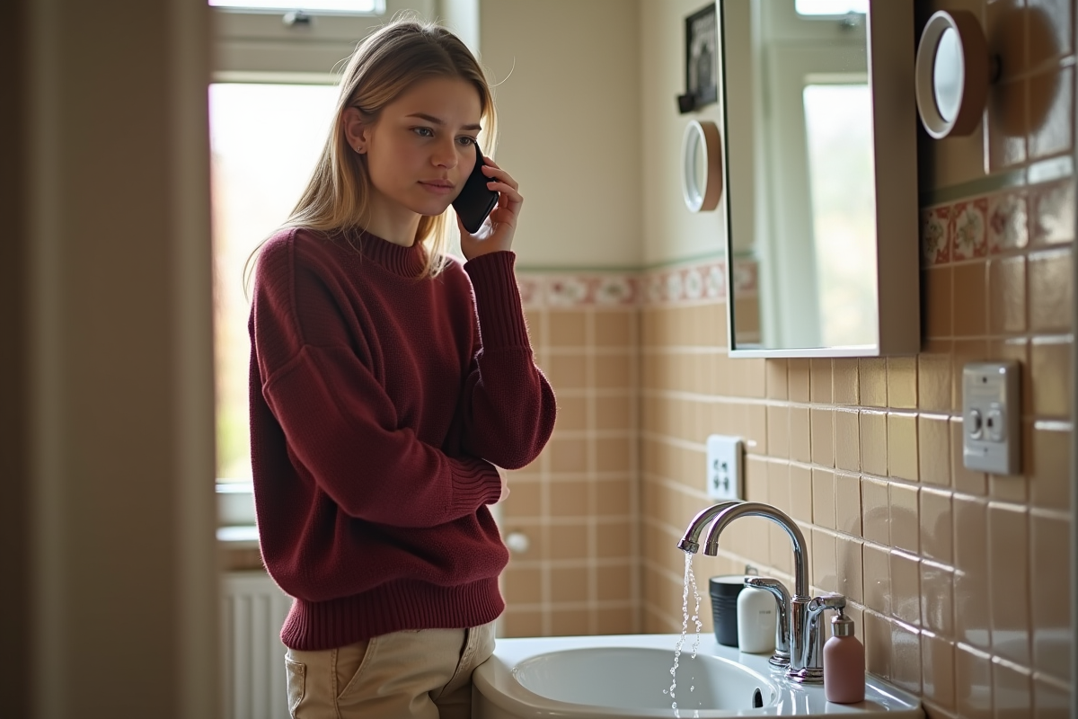Jeune femme au téléphone dans salle de bain ensoleillée