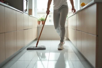 Femme utilisant un balai lave-sols à plat dans une petite cuisine moderne aux carrelages blancs brillants