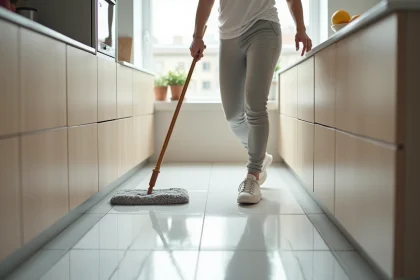 Femme utilisant un balai lave-sols à plat dans une petite cuisine moderne aux carrelages blancs brillants