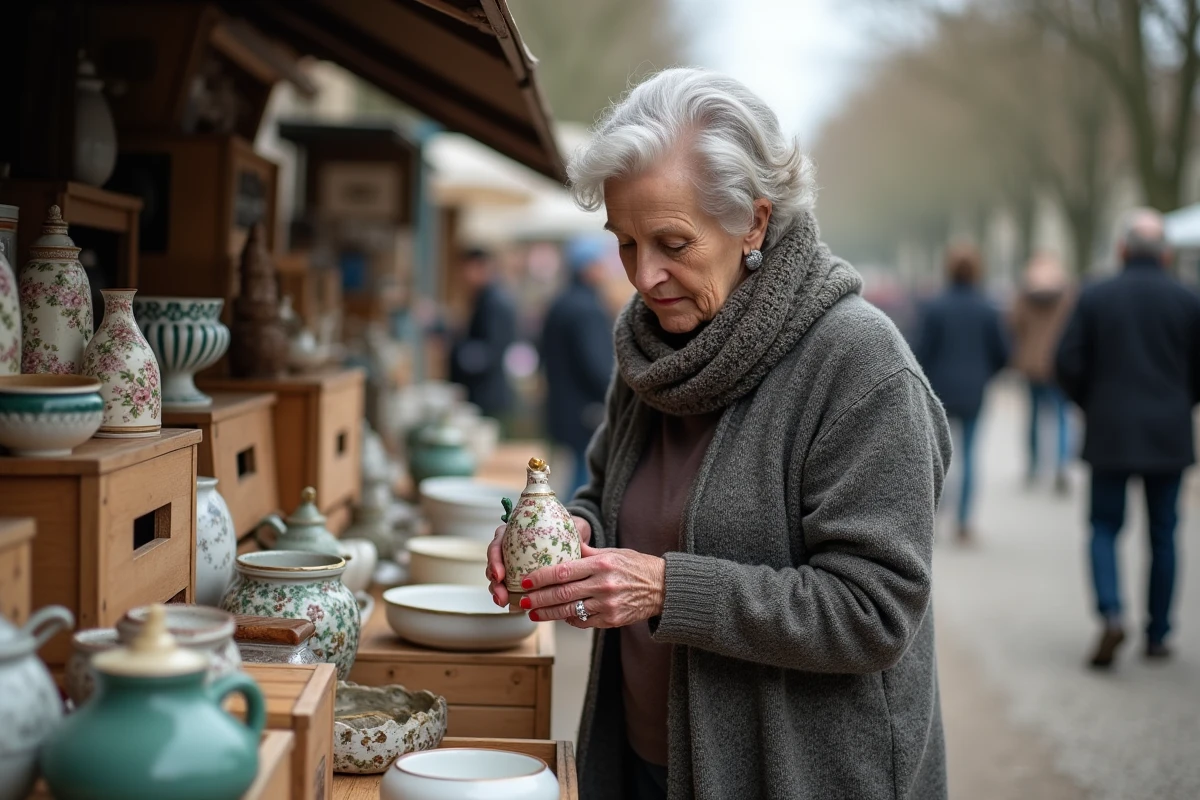 Femme âgée inspectant une figurine en porcelaine au marché