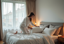 Meilleur emplacement pour un lit : chambre, conseils et astuces Femme en pyjamas arrangeant des oreillers dans une chambre moderne