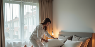 Meilleur emplacement pour un lit : chambre, conseils et astuces Femme en pyjamas arrangeant des oreillers dans une chambre moderne
