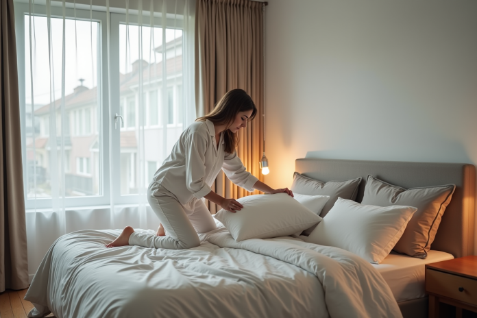 Femme en pyjamas arrangeant des oreillers dans une chambre moderne
