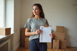 Femme tenant une checklist de déménagement sur un presse-papiers dans un appartement en cours de vidage avec des cartons empilés en arrière-plan