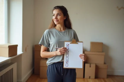 Femme tenant une checklist de déménagement sur un presse-papiers dans un appartement en cours de vidage avec des cartons empilés en arrière-plan