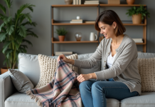 Plaid sur canapé : conseils pour bien le disposer et décorer – Astuces déco Femme arrangeant une couverture plaid dans un salon cosy