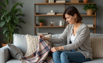 Plaid sur canapé : conseils pour bien le disposer et décorer – Astuces déco Femme arrangeant une couverture plaid dans un salon cosy