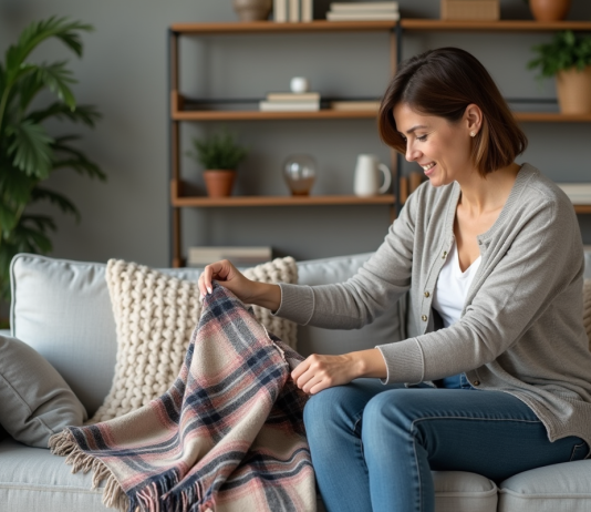 Plaid sur canapé : conseils pour bien le disposer et décorer – Astuces déco Femme arrangeant une couverture plaid dans un salon cosy