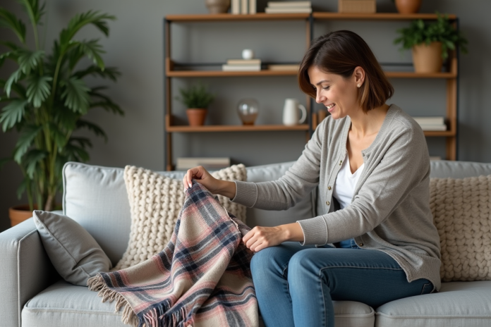 femme-coin-cosy-salon Femme arrangeant une couverture plaid dans un salon cosy