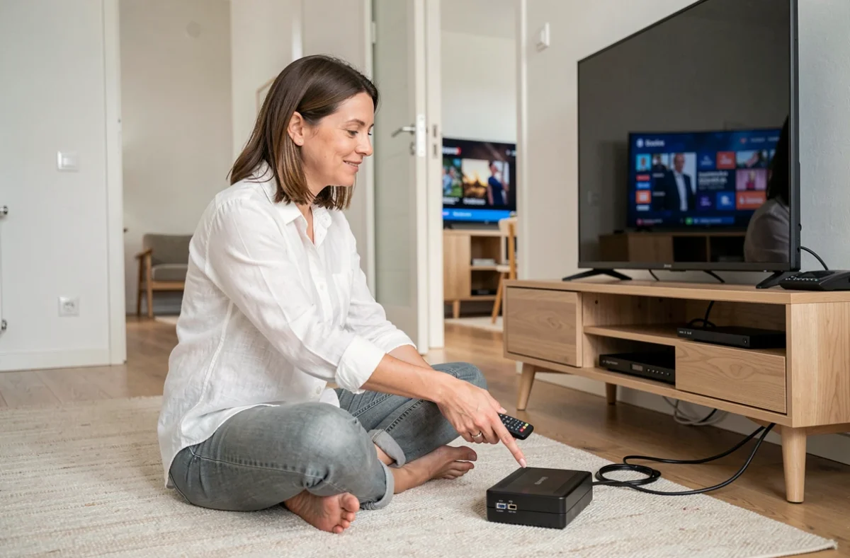 Femme configurant deux téléviseurs connectés au même décodeur via un câble Ethernet dans un appartement scandinave