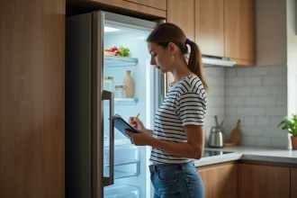 Femme consultante un frigo américain dans une cuisine moderne