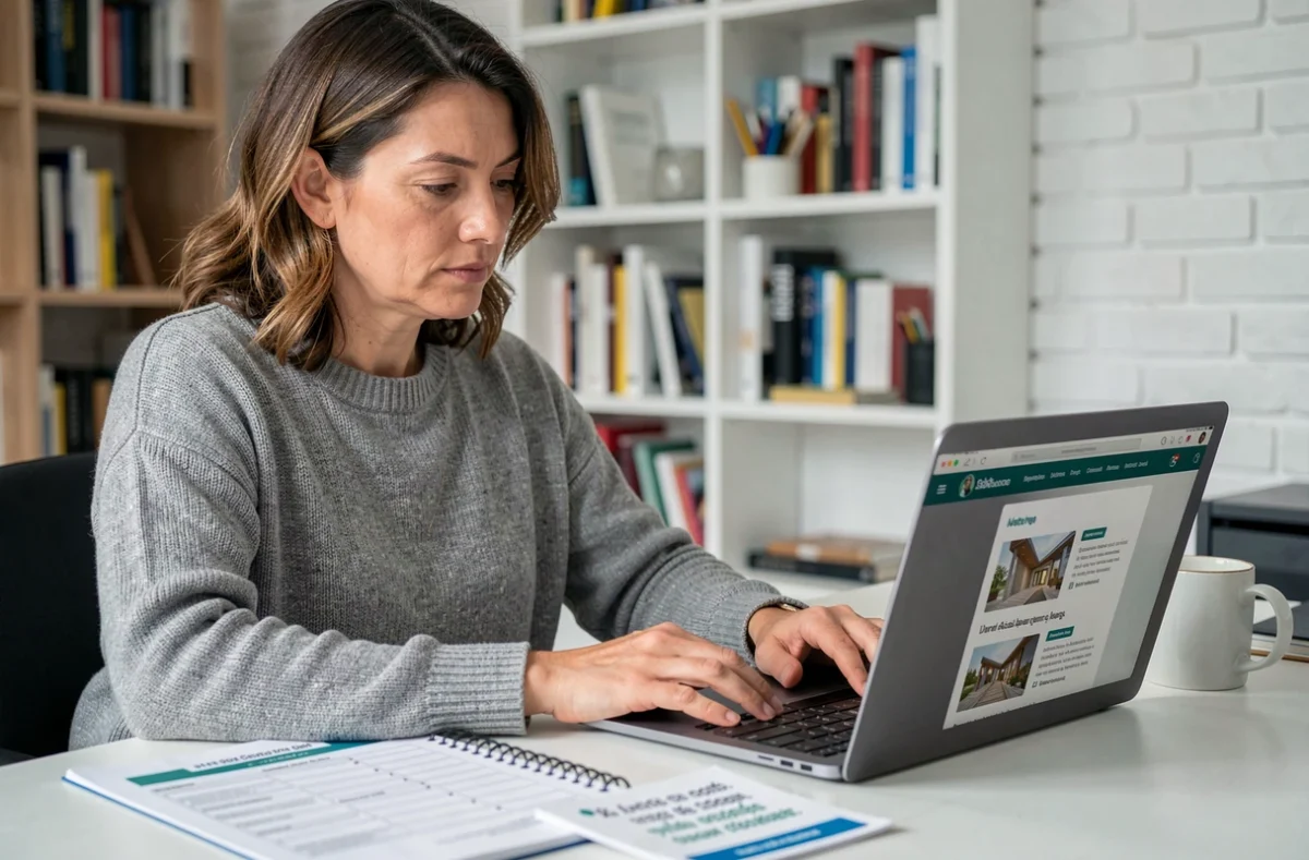 Femme consultant une plateforme d'assistance aux travaux sur ordinateur portable