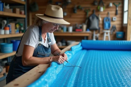 Femme cousant une couverture de piscine en bulle sur une table