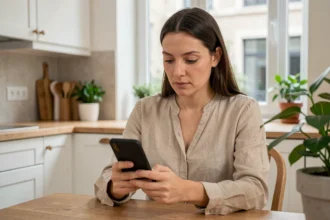 Femme consultant une application de demande de prix travaux sur smartphone dans une cuisine moderne