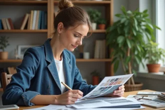 Femme en intérieur examinant des échantillons de design