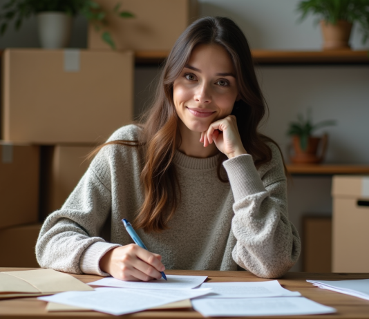 Femme écrivant une lettre dans un appartement cosy