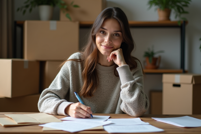 Femme écrivant une lettre dans un appartement cosy