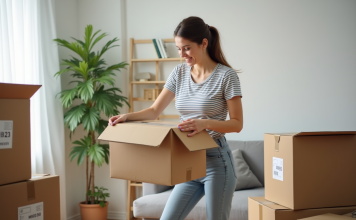Déménager facilement : les étapes indispensables à connaître ! Jeune femme emballant une boîte dans un salon organisé