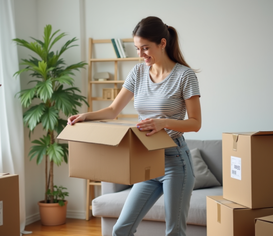 Déménager facilement : les étapes indispensables à connaître ! Jeune femme emballant une boîte dans un salon organisé