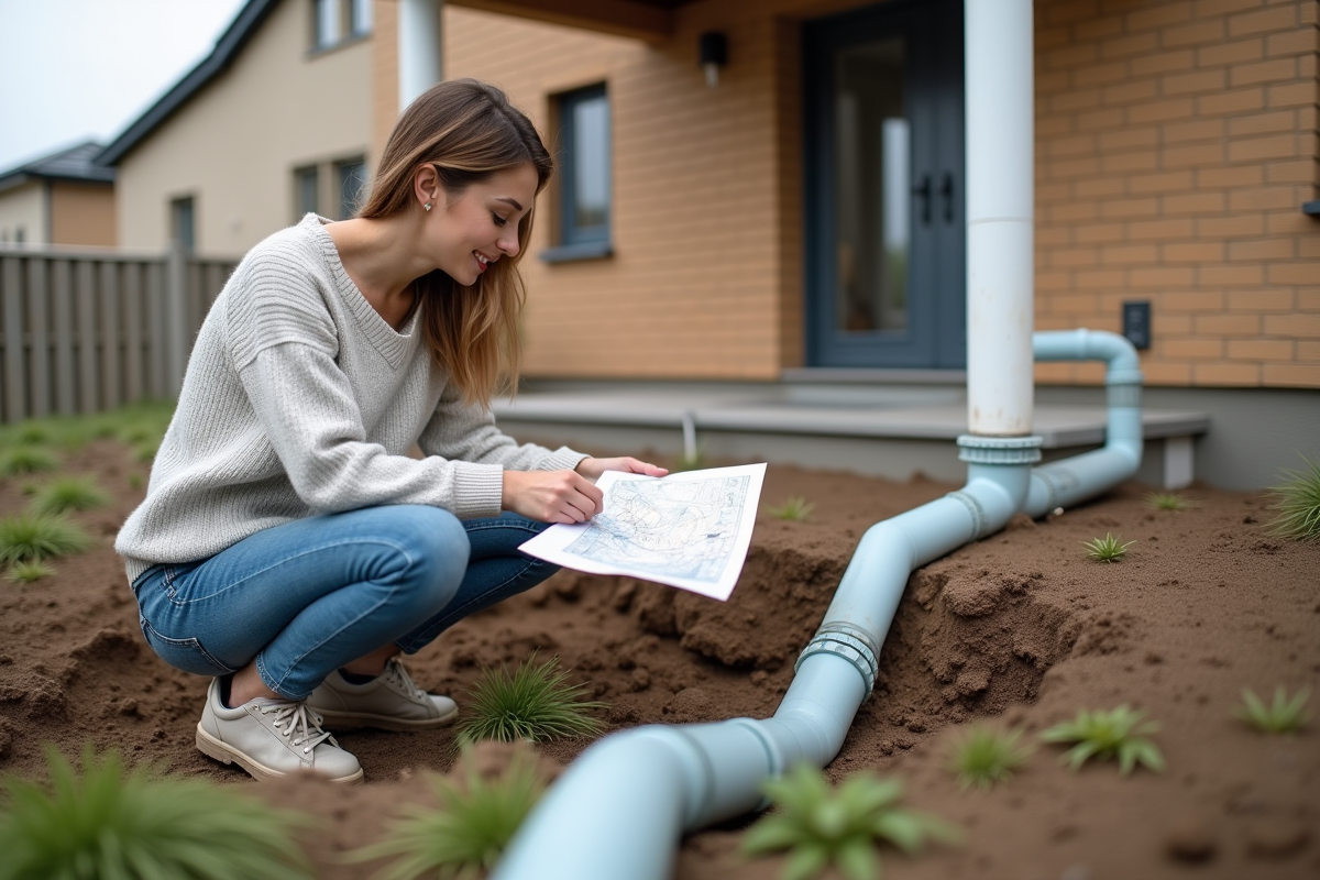 Jeune femme examine des tuyaux en extérieur près d