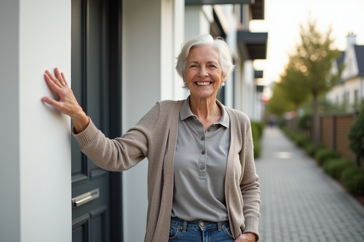 Femme souriante posant devant sa façade rénovée