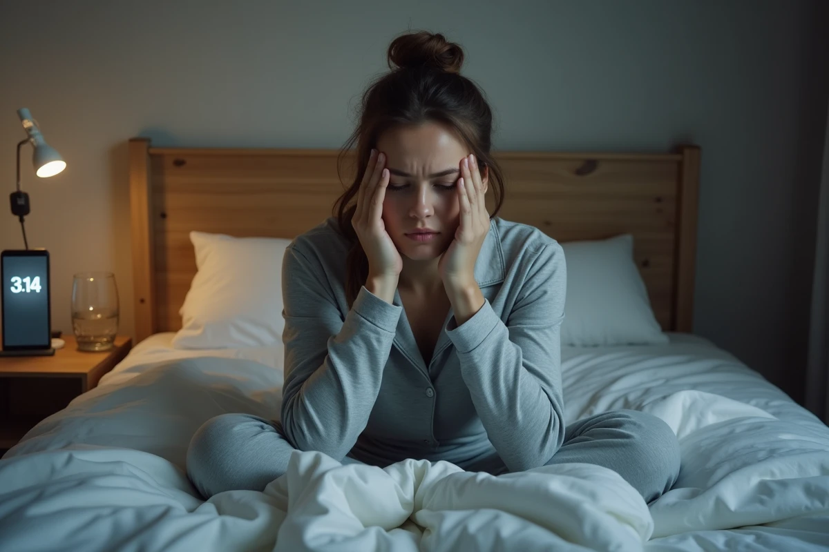 Femme fatiguée assise sur son lit la nuit, se frottant les yeux à cause des nuisances sonores nocturnes d'un loir