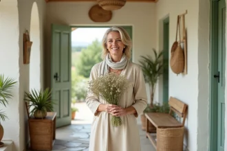 Femme arrangeant des fleurs dans une entrée de maison campagne