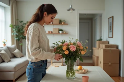 Femme arrangeant des fleurs dans un salon moderne