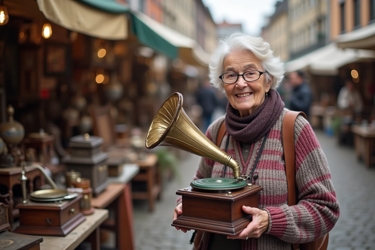 Femme âgée souriante tenant un gramophone au marché aux puces
