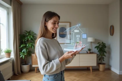 Jeune femme souriante interagissant avec une interface holographique dans un salon moderne