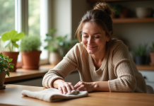 Alternatives huile de tung : astuces écologiques pour un usage différent Femme appliquant une huile naturelle sur une table en bois dans une cuisine chaleureuse