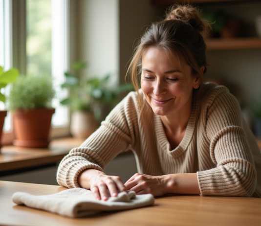 Alternatives huile de tung : astuces écologiques pour un usage différent Femme appliquant une huile naturelle sur une table en bois dans une cuisine chaleureuse