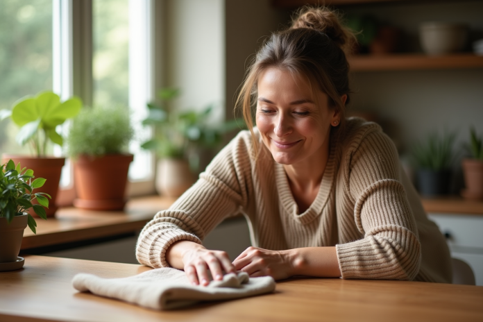 Femme appliquant une huile naturelle sur une table en bois dans une cuisine chaleureuse