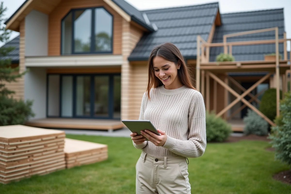 Femme souriante consulte une tablette dans un jardin en renovation