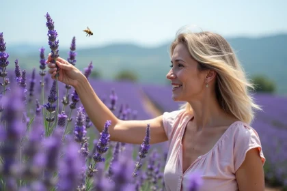 Femme observant des abeilles dans un champ de lavande en été